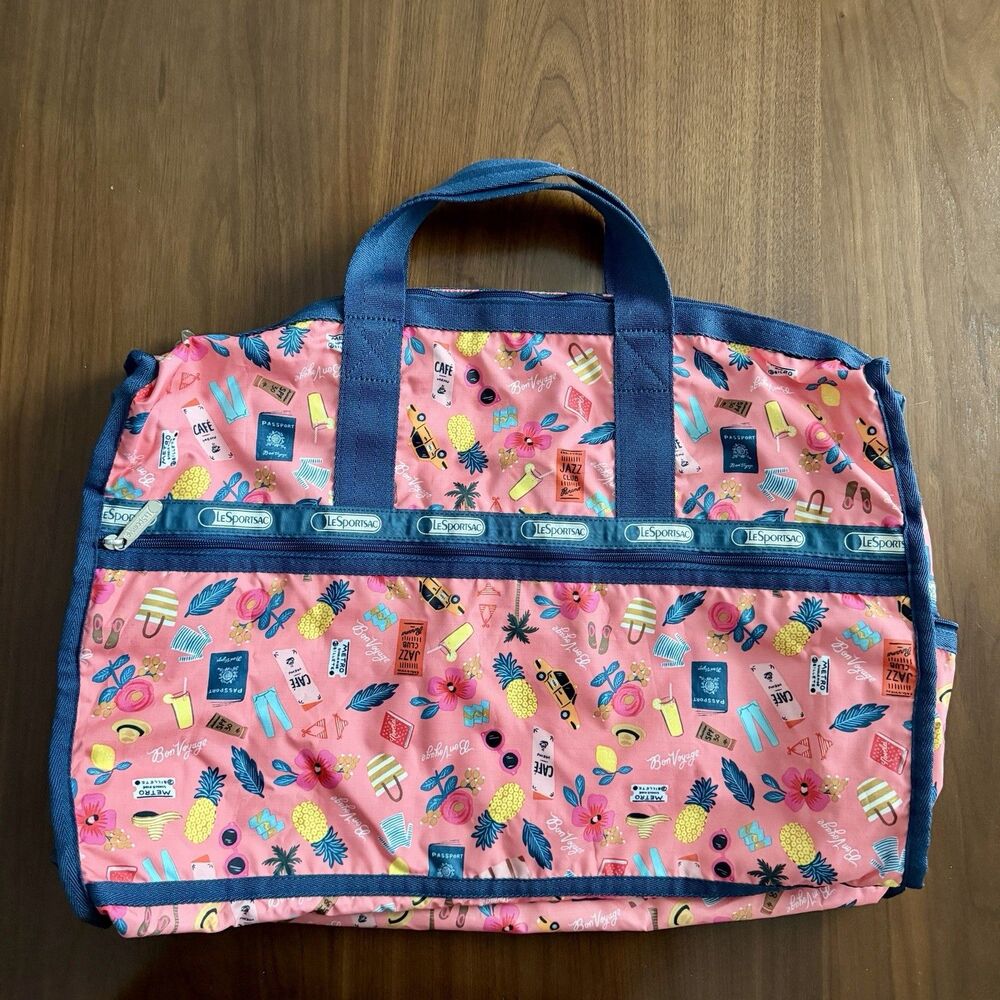 LeSportsac Women's Pink Blue Floral Duffle Travel Bag Zip Closure Double Handles
